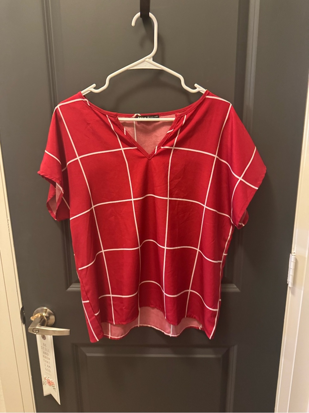 Windowpane V-Neck Red Grid Women’s Top